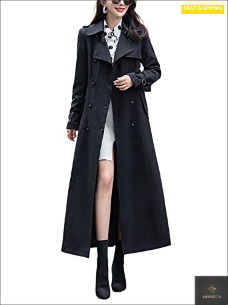 Women's Double Breasted Maxi Trench Coat Windproof Office Overcoat With Belt